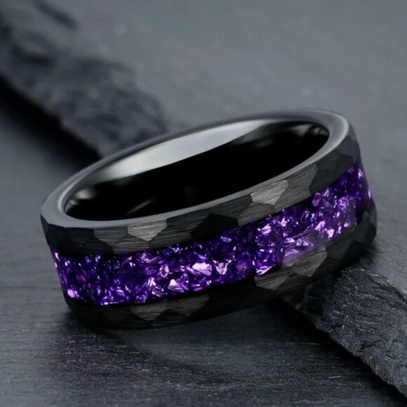 Black Tungsten Amethyst Inlay Ring – Size 7, 8mm Band - Picture 6 of 6
